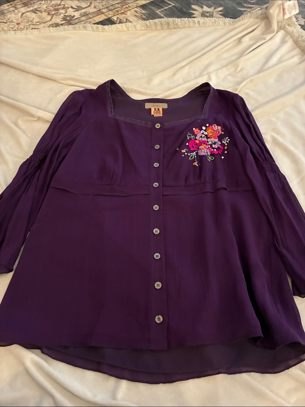 Embroidered Purple Button-Down Blouse with Floral Accent